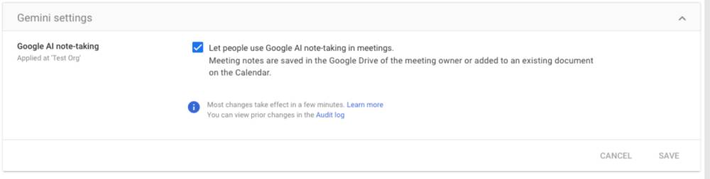 Admin yang membuat rapat online melalui Google Meet dapat mempersilahkan peserta rapat memakai fitur Google AI note-taking (dok. Google Workspace)