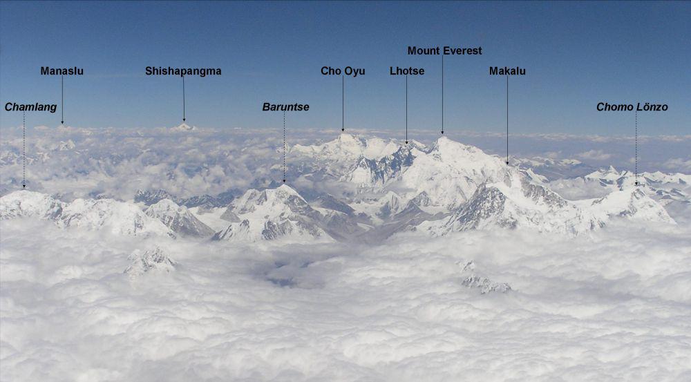 potret udara Gunung Shishapangma bersama 5 puncak gunung eight thousanders lainnya: Makalu, Everest, Lhotse, Cho Oyu dan Manaslu (commons.wikimedia.org/Ignat)
