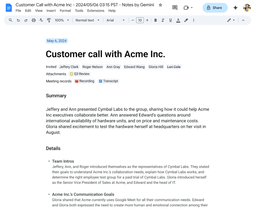 Contoh notula rapat yang dibuat oleh Google Meet melalui fitur "take notes for me" (dok. Google Workspace)