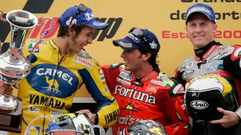 potret peraih podium MotoGP 2006 di Sirkuit Estoril, yaitu Valentino Rossi, Toni Elias, dan Kenny Roberts Jr (motogp.com)