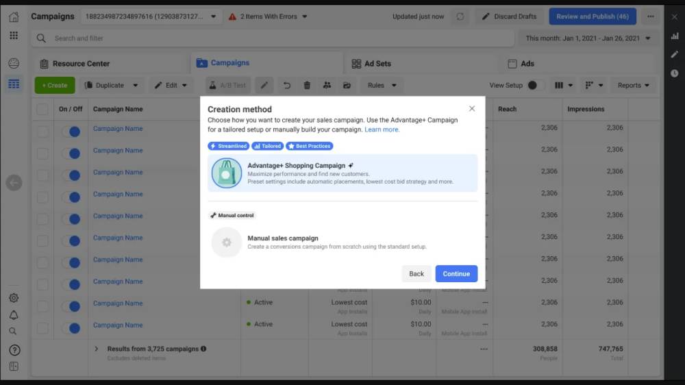 tampilan Meta Advantage+ di Ads Manager (web.facebook.com)