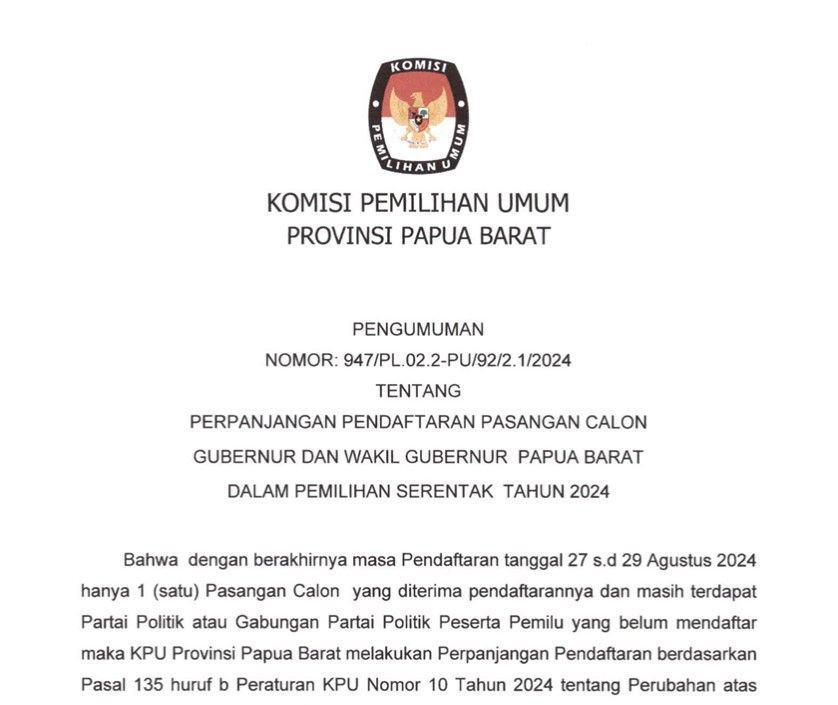 Calon Tunggal, KPU Papua Barat Perpanjang Pendaftaran Cagub-Cawagub