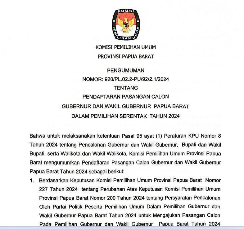 Pengumuman pendaftaran calon gubernur-wakil gubernur Papua Barat/Istimewa