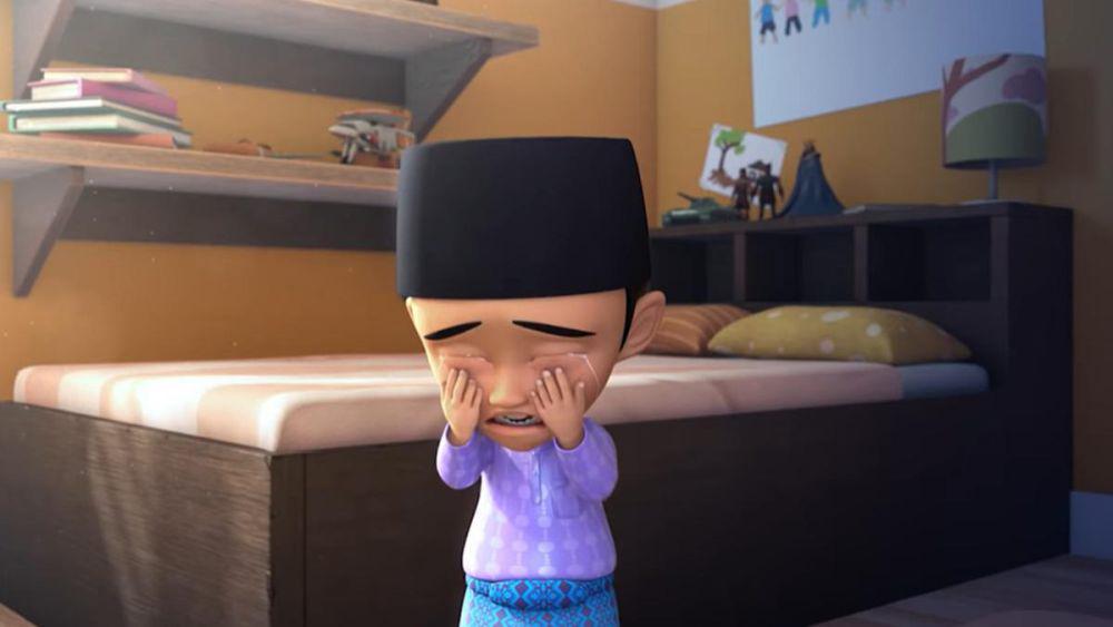 Fizi menangis ketika membuat video permintaan maaf (dok. Les' Copaque Production/Upin dan Ipin)