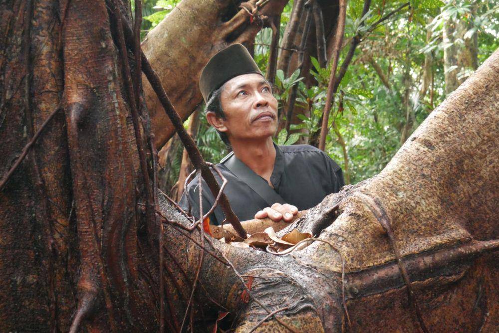 Masyarakat Pulau Rempang saat membersihkan dedaunan pohon Ara yang gugur dan menutupi area pemakaman (IDN Times/Putra Gema Pamungkas)