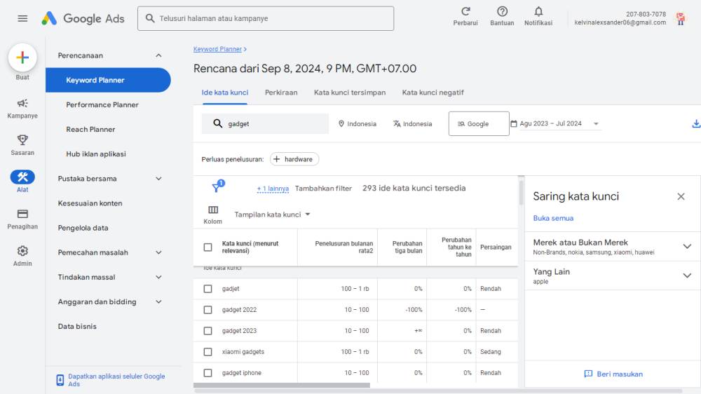 tampilan menggunakan Google Keyword Planner (ads.google.com)