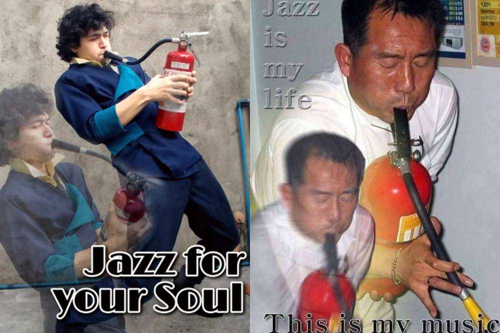kolase potret lucu pecinta jazz mencium saksofon bohongan (reddit.com/vikingvinni I x.com/insaneposes)