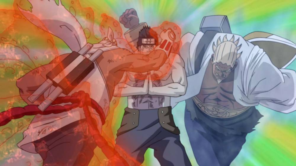 Killer B dan Raikage Keempat menggunakan Double Lariat untuk membunuh Kisame. (dok. Pierrot/Naruto: Shippuden)