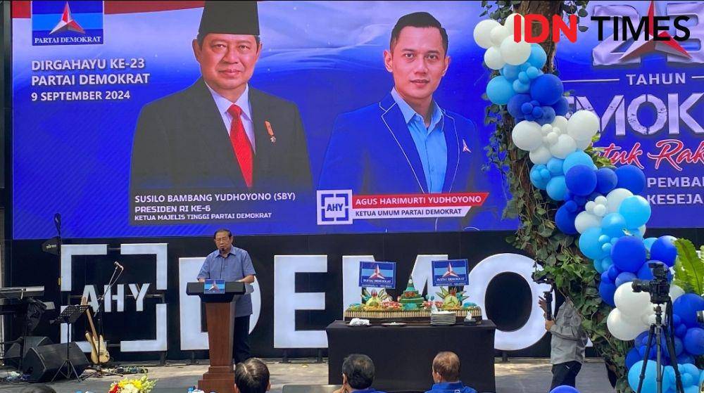 Ketua Dewan Majelis Pertimbangan, Susilo Bambang Yudhoyono (SBY) ketika menyampaikan pidato di HUT ke-23 Partai Demokrat pada 9 September. (IDN Times/Santi Dewi)