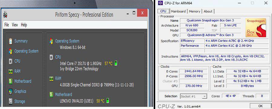 tampilan menggunakan Speccy (kiri) (ccleaner.com) dan CPU-Z (kanan) (cpuid.com)