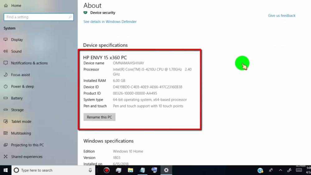 tampilan Device specifications di Windows 10 (YouTube.com/ WebbyFan)