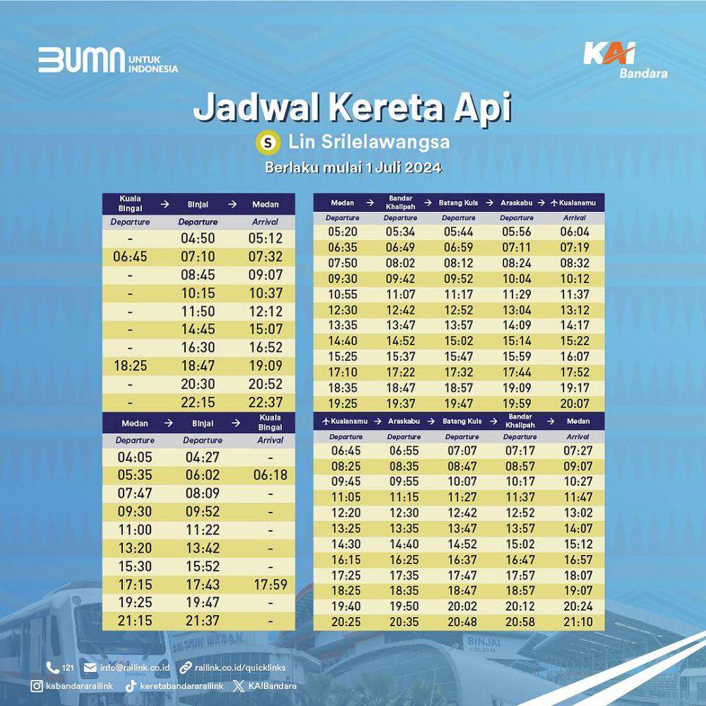 informasi jadwal KA Bandara Kualanamu mulai 1 Juli 2024 (instagram.com/kabandararailink)