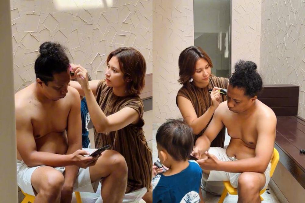 7 Potret Indah Permatasari Cukur Rambut Arie Kriting, Telaten!