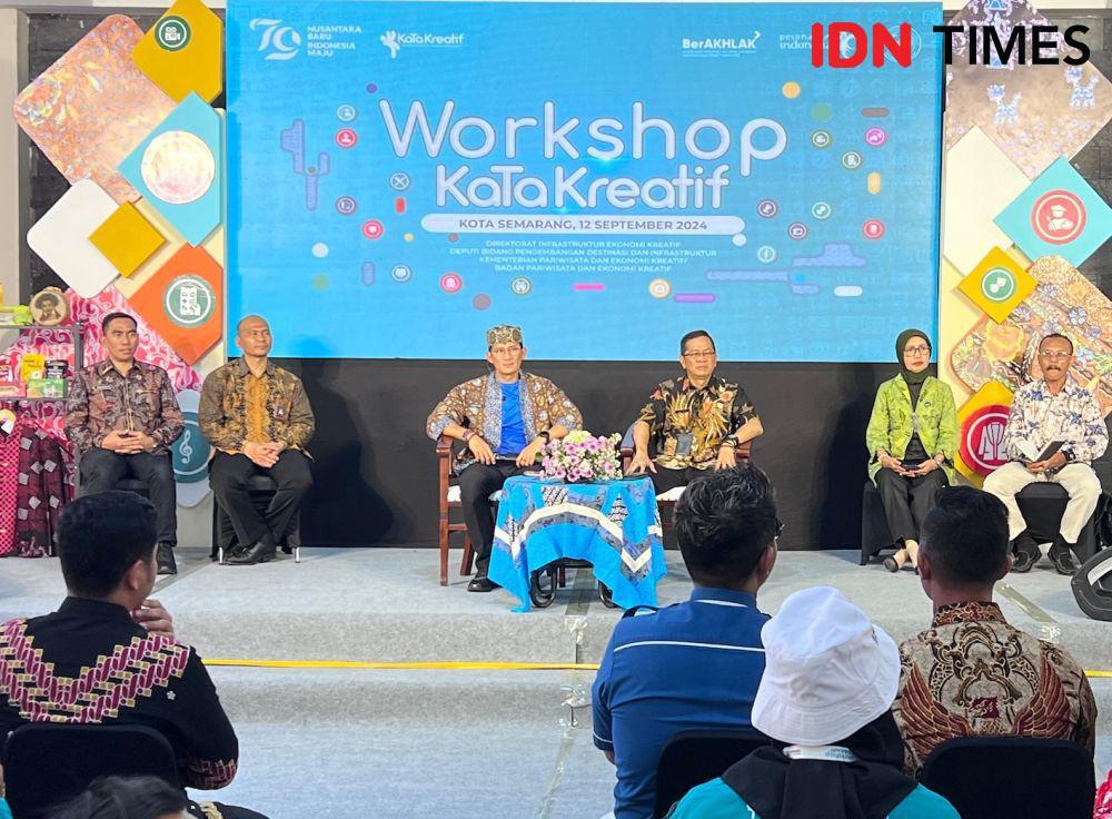 Menteri Pariwisata dan Ekonomi Kreatif (Menparekraf), Sandiaga Uno hadir di Workshop Peningkatan Inovasi dan Kewirausahaan Kota Kreatif (KaTa Kreatif) Indonesia di Taman Budaya Raden Saleh Semarang, Kamis (12/9/2024). (IDN Times/Anggun Puspitoningrum)