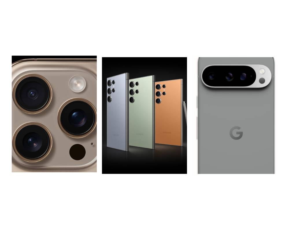 Susunan kamera iPhone 16 Pro Max, Samsung Galaxy S24 Ultra, dan Google Pixel 9 Pro XL (apple.com | samsung.com | store.google.com)
