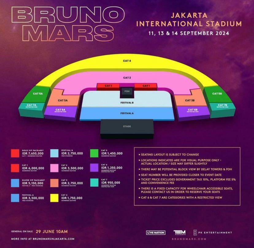 harga tiket konser Bruno Mars di Jakarta (Instagram.com/pkentertainment.id)