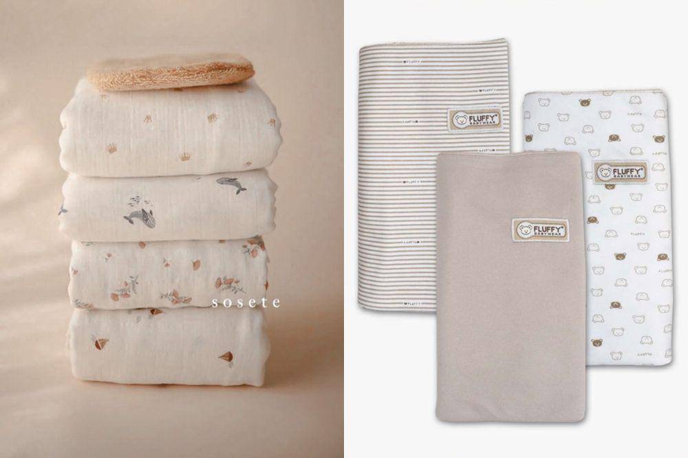 Rekomendasi bedong bayi terbaik (shopee.co.id/Little Sosete Official Shop | shopee.co.id/Fluffy Baby Wear Official Shop)