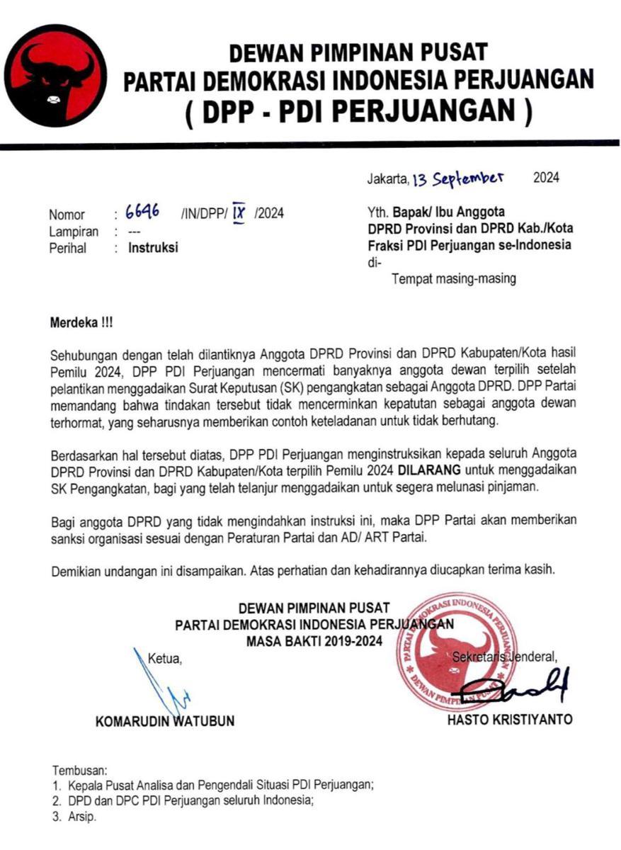 Anggota Fraksi PDIP Dilarang Gadaikan SK Pengangkatan
