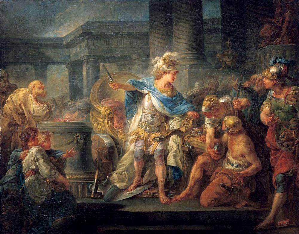 Lukisan yang menggambarkan Alexander memotong Simpul Gordia. (commons.wikimedia.org/Jean-Simon Berthélemy)