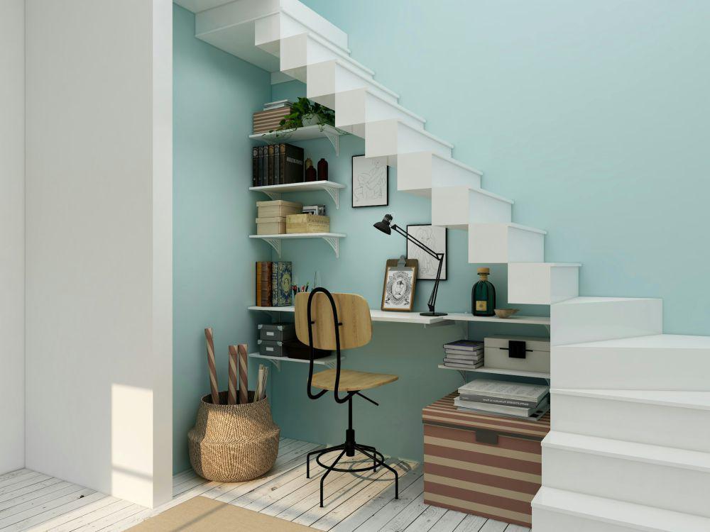 ilustrasi ruang belajar di bawah tangga (unsplash.com/Collov Home Design)