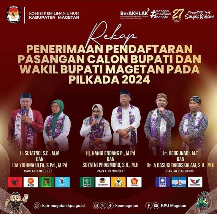 Tiga bakal pasangan calon bupati di Pilkada 2024 Magetan. IDN Times/ IG @KPU Magetan.