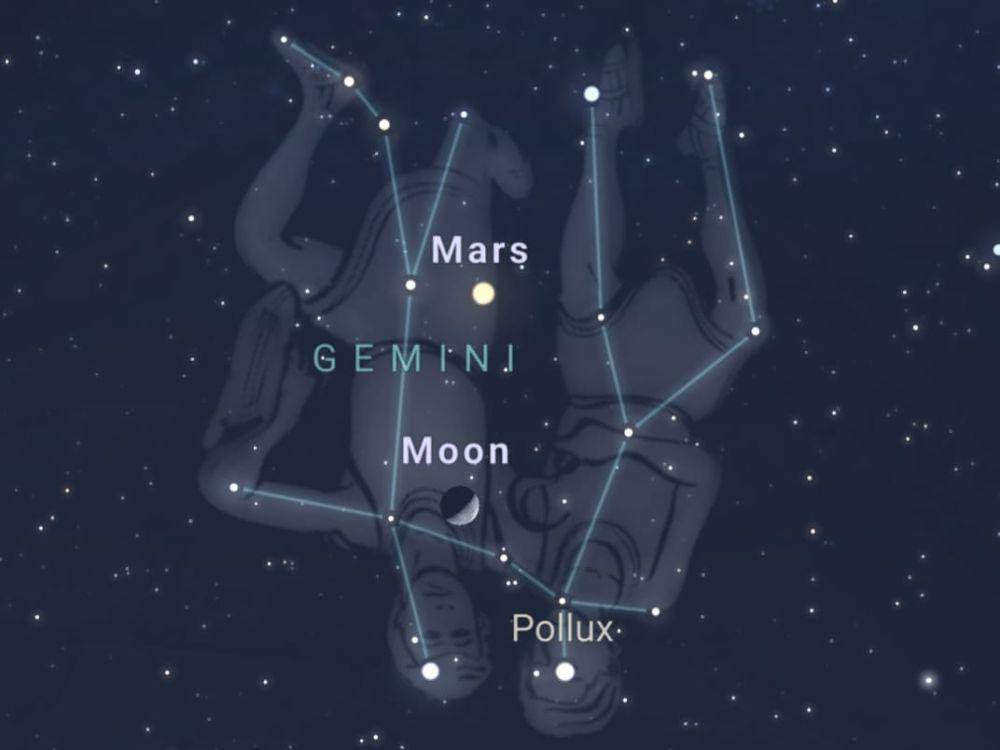 ilustrasi konjungsi Bulan dan Pollux di konstelasi Gemini. (stellarium-web.org)