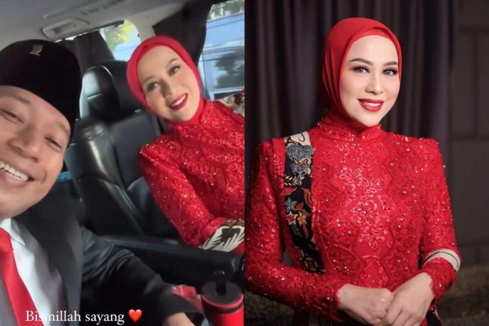 7 Potret Shanty Dampingi Denny Cagur Pelantikan DPR, Berkebaya Merah!