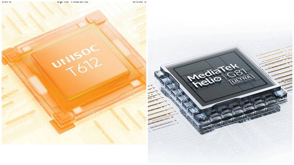 ilustrasi prosesor Unisoc T612 (realme.com) | ilustrasi prosesor MediaTek Helio G81 Ultra (mi.co.id)