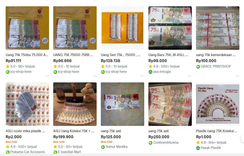 Uang Rp75 ribu dijual di e-commerce (tokopedia.com)