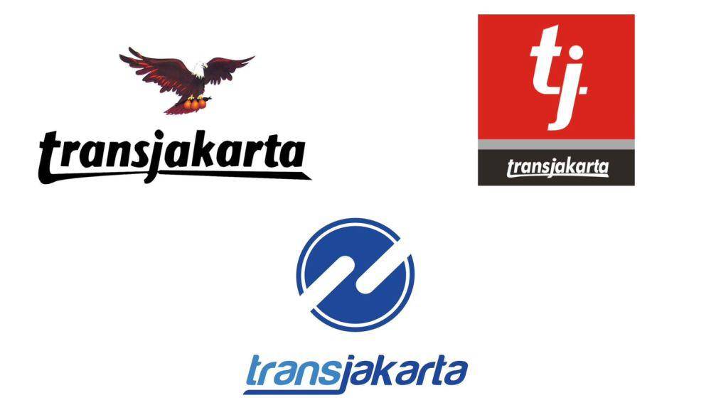 logo TransJakarta awal dengan maskot burung elang, 2012, dan kini (dok. Transjakarta.co.id)
