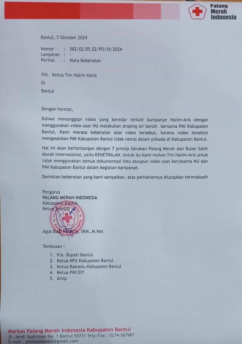 Surat keberatan dari PMI Bantul terkait video droping air PMI dan NU untuk kampanye pilkada.(Dok.Istimewa)