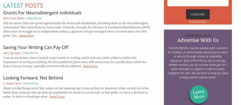 Tangkapan layar FundsForWriters. (Dok. FundsForWriters.com)