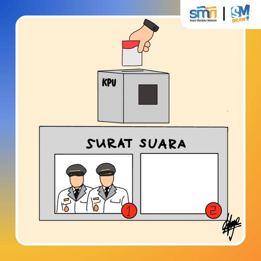 Ilustrasi surat suara pasangan calon tunggal dan kotak kosong (instagram.com/suaramerdeka.network)