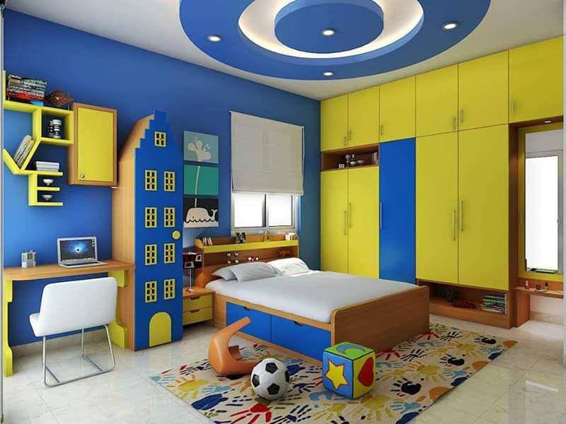 ilustrasi kombinasi cat warna biru dan kuning (gharpedia.com/Anjali Furniture and Interior)