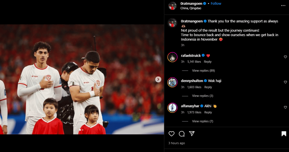 unggahan penggawa Timnas Indonesia setelah kalah dari China (instagram.com/0ratmangoen)