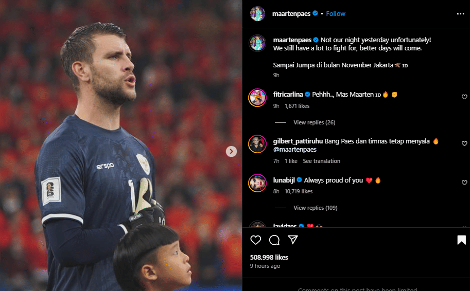 unggahan penggawa Timnas Indonesia setelah kalah dari China (instagram.com/maartenpaes)
