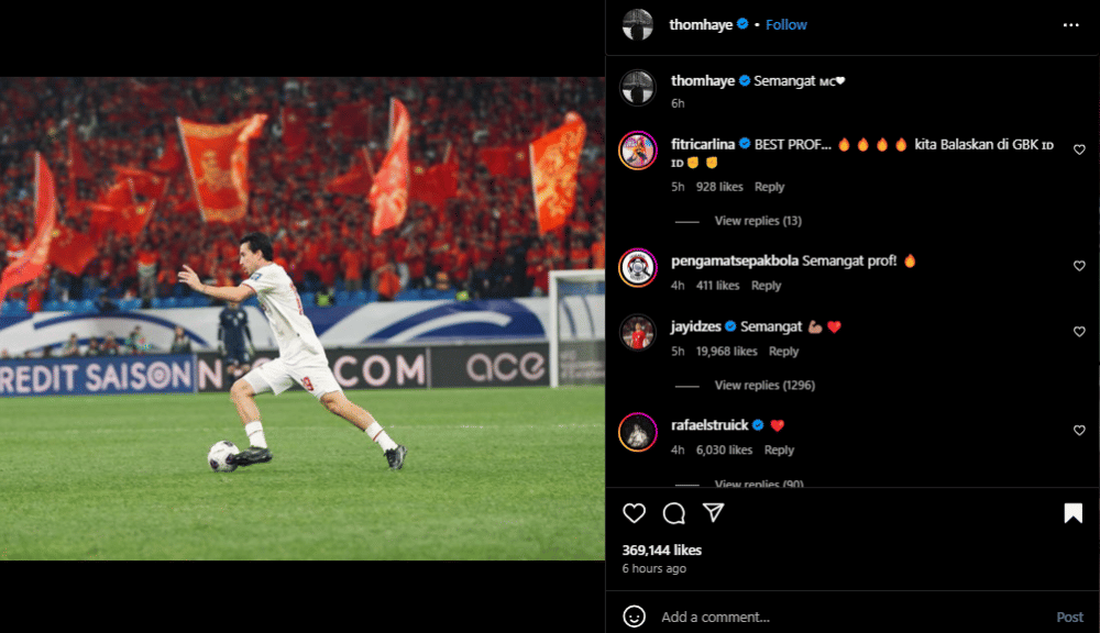 unggahan penggawa Timnas Indonesia setelah kalah dari China (instagram.com/thomhaye)