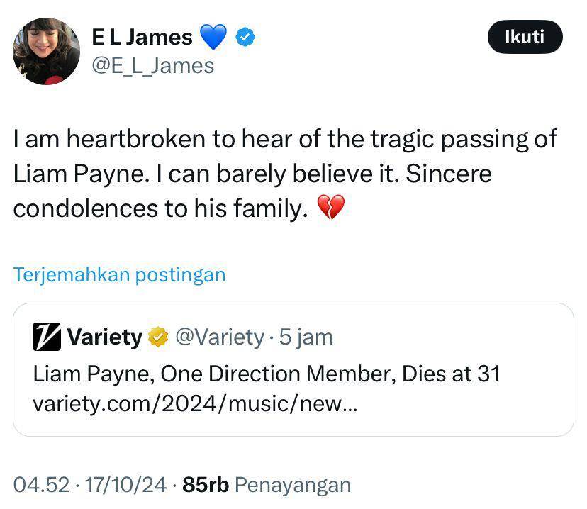 ucapan duka artis Hollywood atas kepergian Liam Payne (x.com/E_L_James)