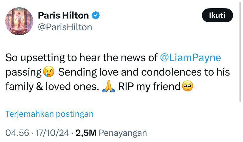 ucapan duka artis Hollywood atas kepergian Liam Payne (x.com/ParisHilton)
