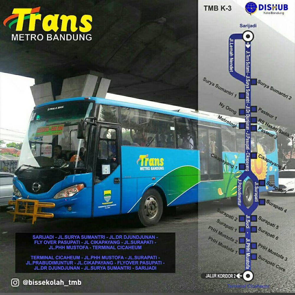 peta Rute Trans Metro Bandung Koridor 3: Cicaheum--Sarijadi (instagram.com/uptangkutankotabandung)