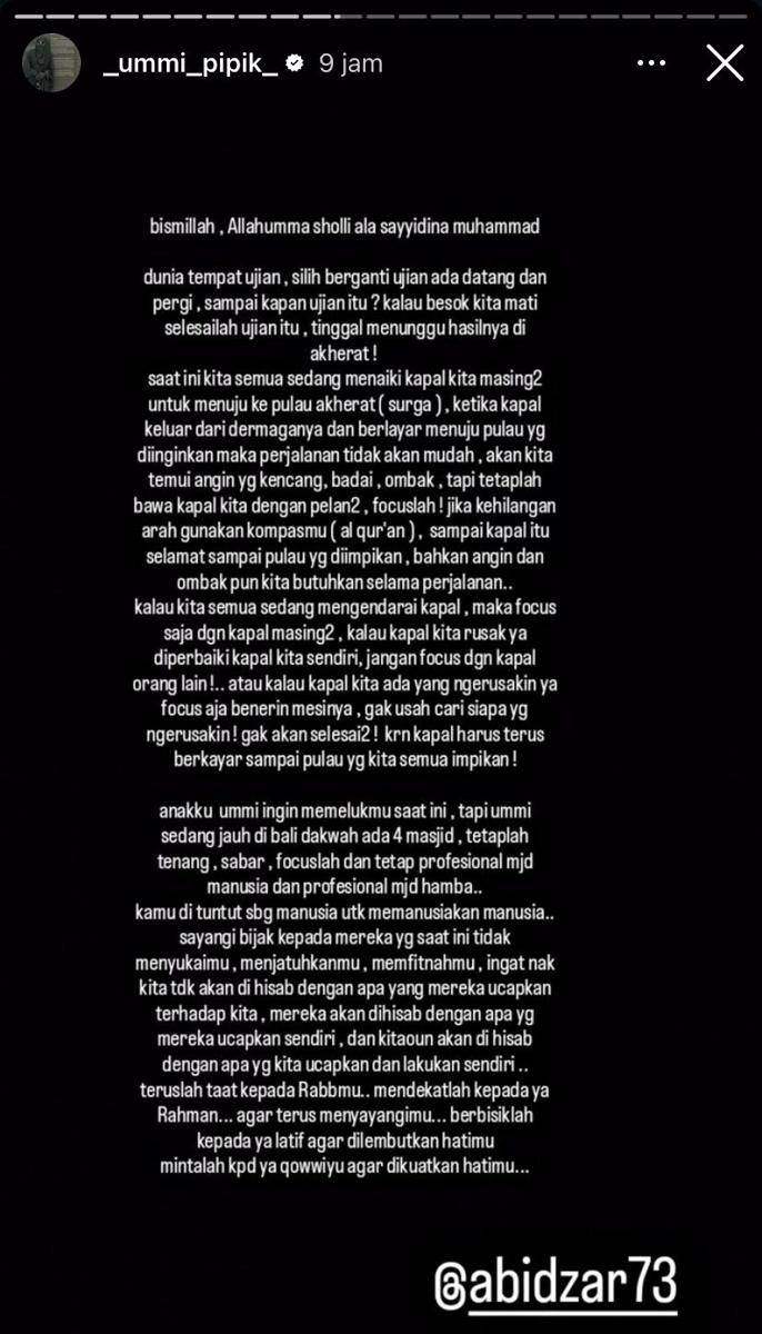 pesan Umi Pipik untuk Abidzar (Instagram.com/_ummi_pipik_)