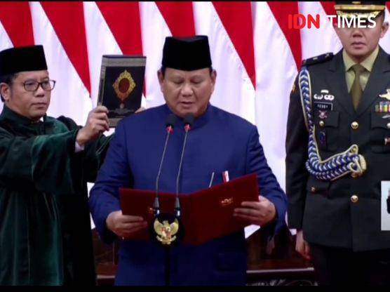 Presiden terpilih Prabowo Subianto saat dilantik dan diambil sumpahnya menjadi Presiden, Minggu(20/12024).(IDN Times/Tangkapan layar)