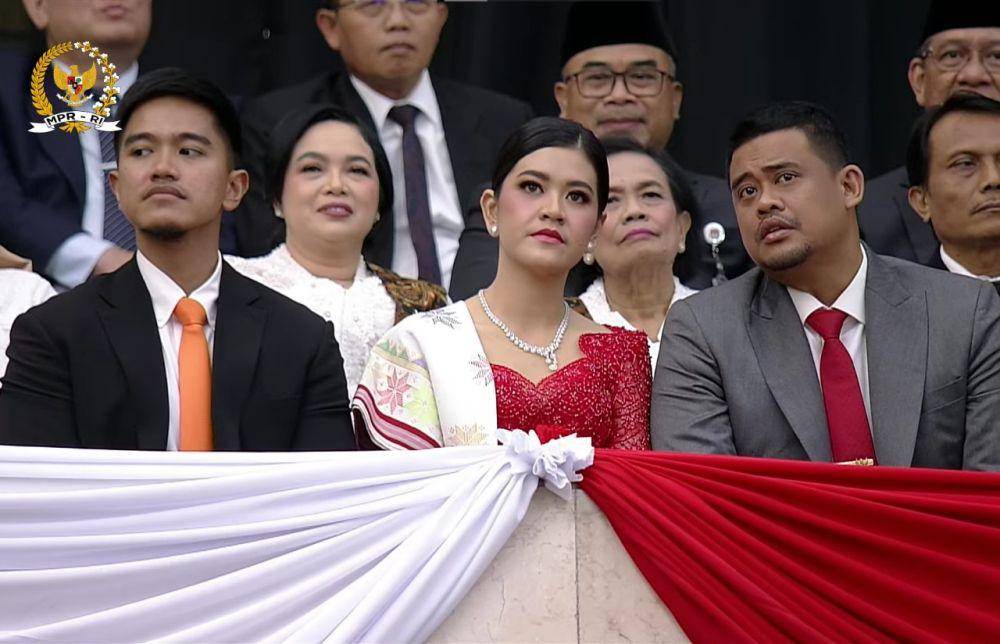 Kaesang, Kahiyang dan Bobby hadir di acara pelantikan presiden dan wapres terpilih, Prabowo-Gibran pada Minggu (20/10/2024). (youtube.com/MPRGOID)