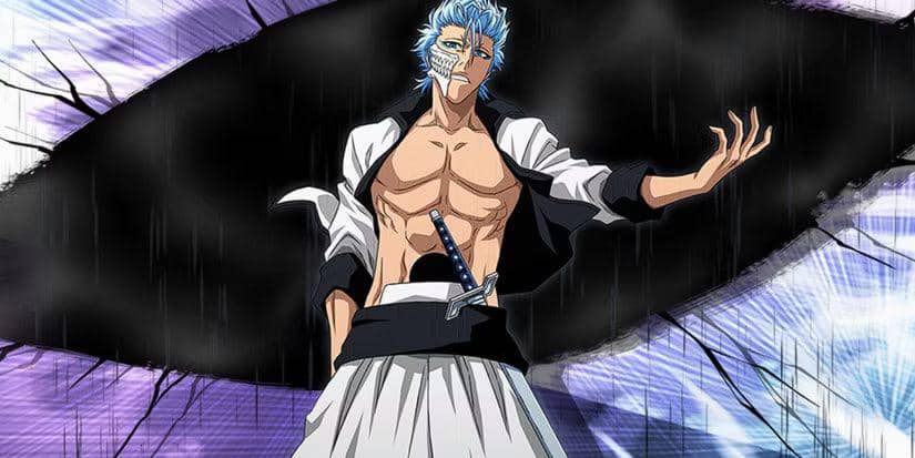 Grimmjow Jaegerjaquez, karakter anime Bleach berambut biru dengan pakaian hitam putih dan pedang di pinggang, berdiri dengan latar energi gelap.