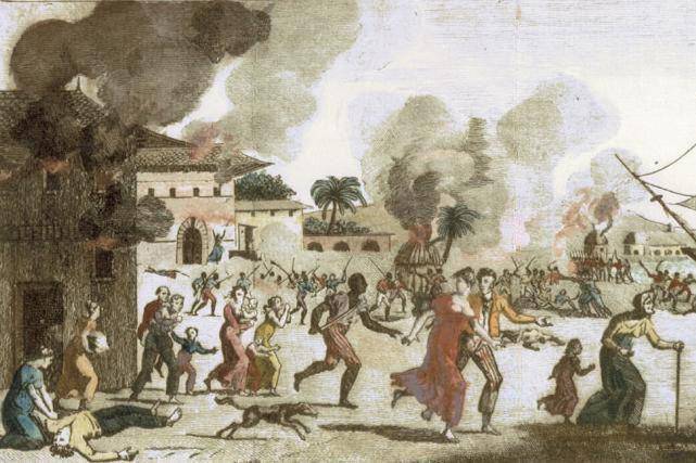 ilustrasi pembakaran Cape French saat kaum kulit hitam membantai orang kulit putih pada Revolusi Haiti (commons.wikimedia.org/Unknown author)