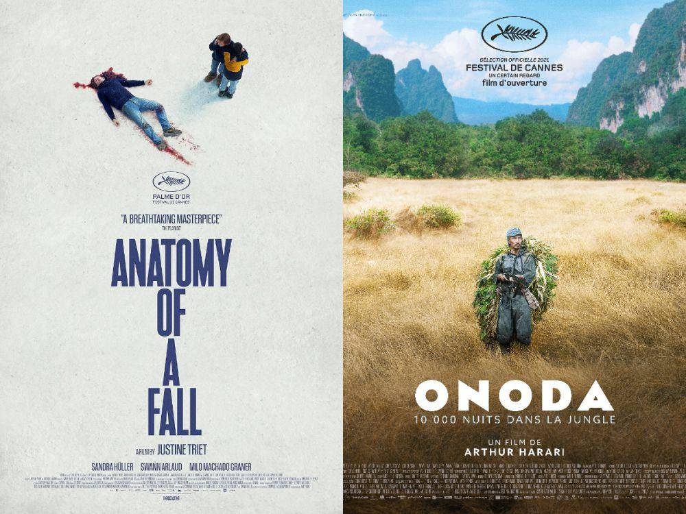poster film Anatomy of a Fall dan Onoda: 10,000 Nights in the Jungle (dok. NEON/Anatomy of a Fall | dok. Le Pacte/Onoda: 10,000 Nights in the Jungle)