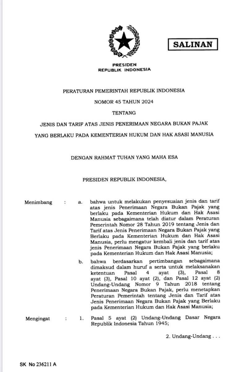 PP Nomor 45 Tahun 2024 tentang Jenis dan Tarif Atas Jenis Penerimaan Negara Bukan Pajak (PNBP) pada Kementerian Hukum dan Hak Asasi Manusia (HAM) atau Kemenkumham (jdih.setneg.go.id)