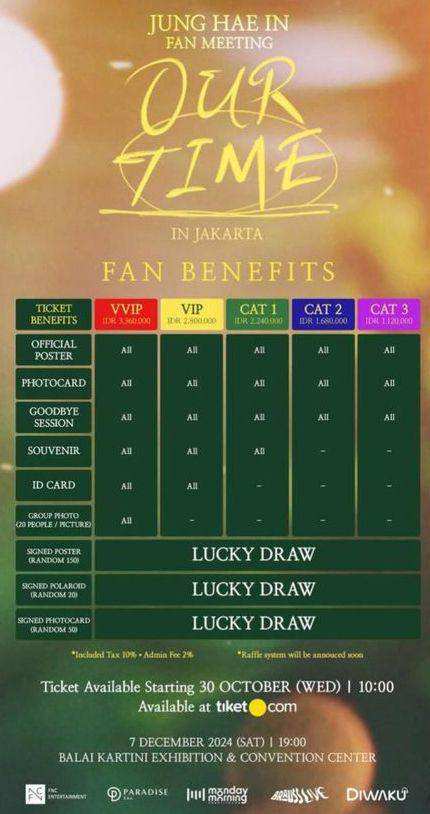 daftar harga tiket fan meeting “Our Time” Jung Hae In di Jakarta dan cara belinya (Instagram.com/fnc_fishandcake)