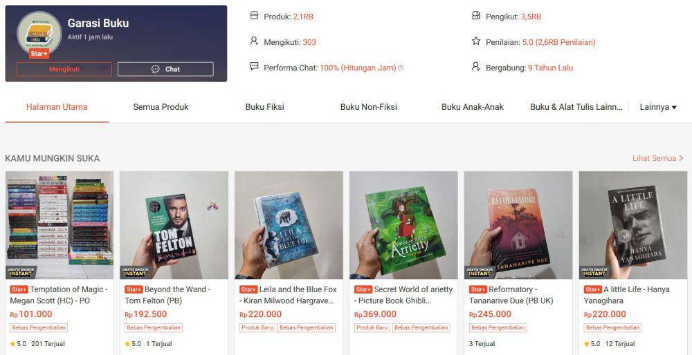 Tangkapan layar toko buku Garasi Buku di marketplace. (Dok. Shopee/Garasi Buku)