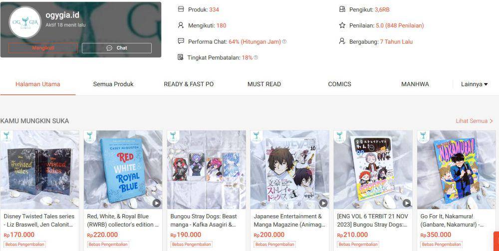 Tangkapan layar toko buku Ogygia di marketplace. (Dok. Shopee/Ogygia.id)